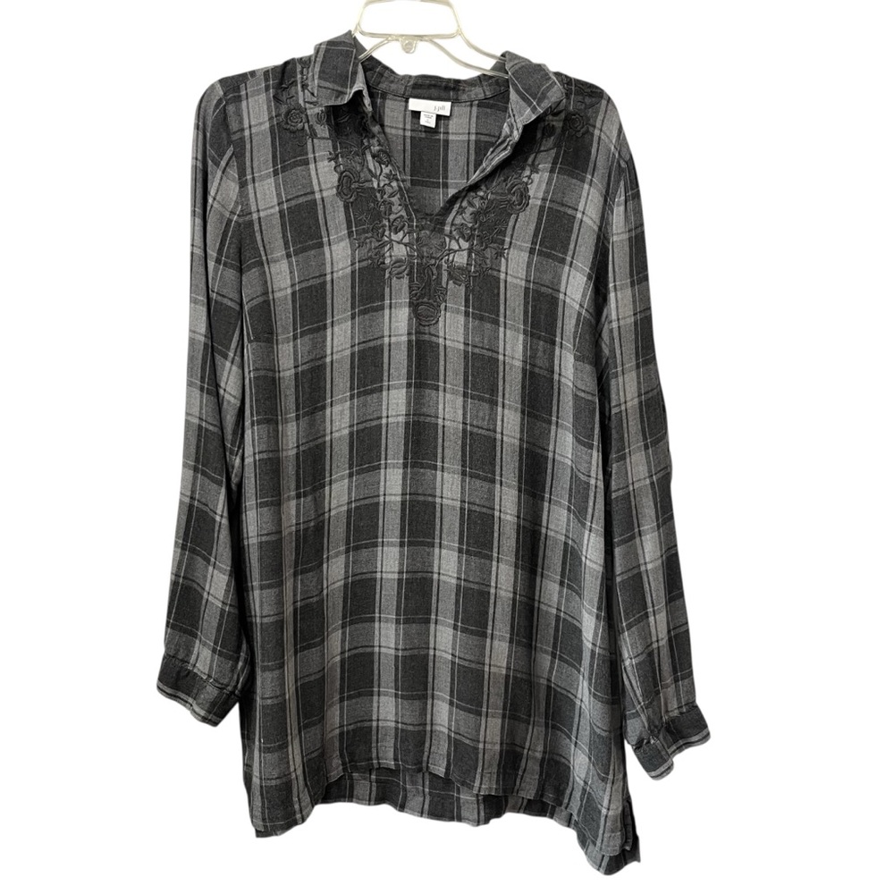J JILL Womens Size Large Gray Plaid Embroidered Long Sleeve Tunic Top Rayon Fall